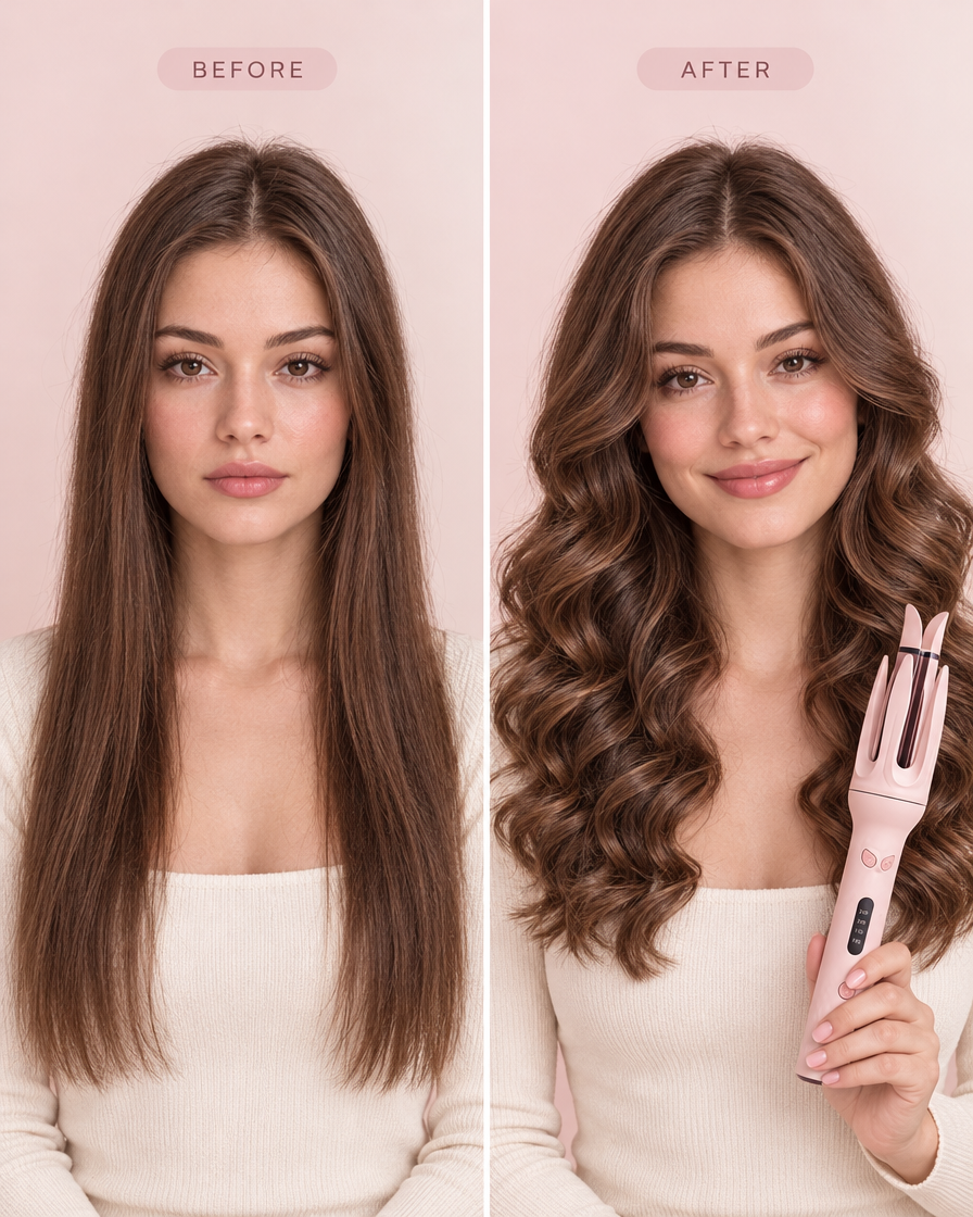 Coilu Auto Curler before and after — flat hair transformed into soft bouncy curls