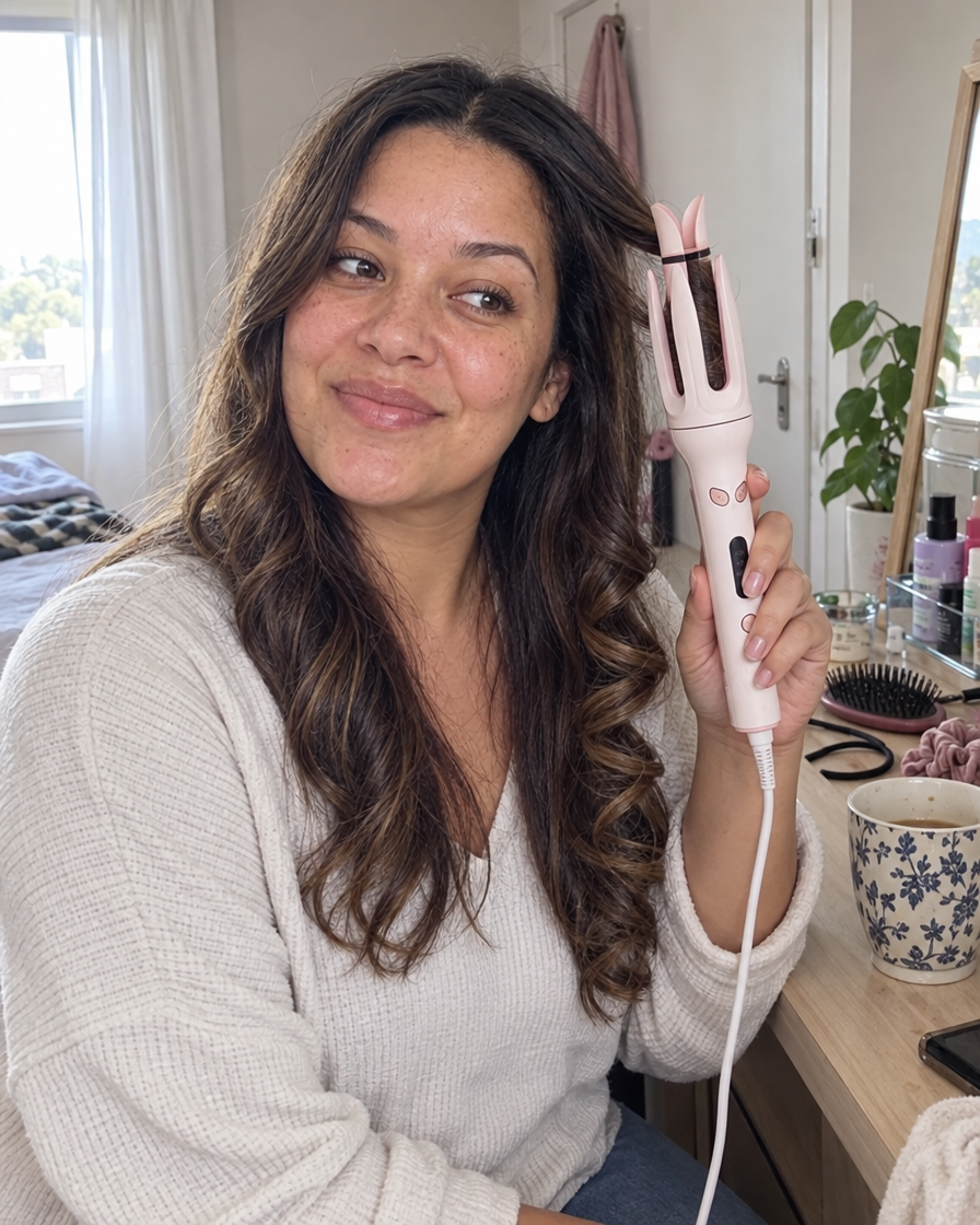 Woman using the Coilu Auto Curler at her vanity at home